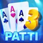 Teen Patti online card game with three playing cards displayed on a virtual casino table.